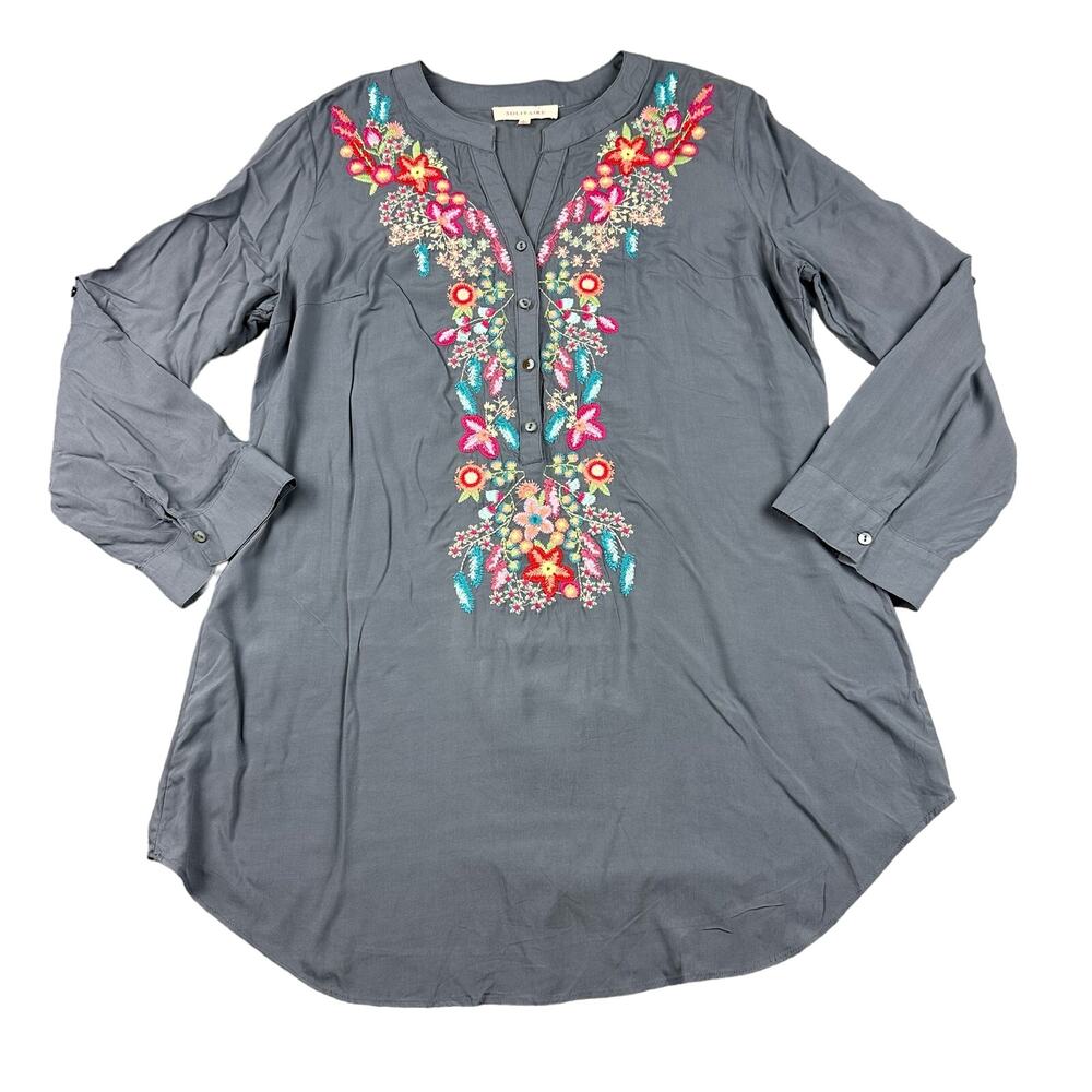 Solitaire Embroidered Floral Tunic Womens Large Gray Rayon 17-3513 Boho